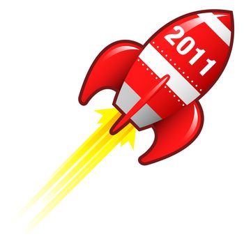 2011 year icon on red retro rocket ship illustration good for use as a button, in print materials, or in advertisements.