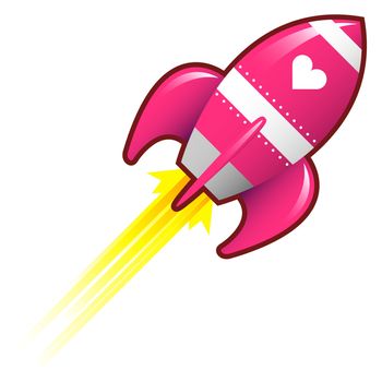 Heart or love icon on pink retro rocket ship illustration good for use as a button, in print materials, or in advertisements.