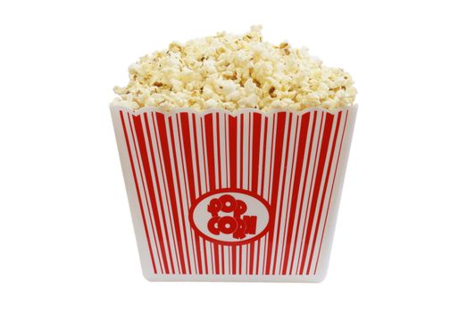 A large bucket of popcorn, isolated on white background.