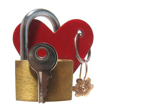 Valentine, a composition from heart, the padlock, key, and earring. It is isolated on a white background