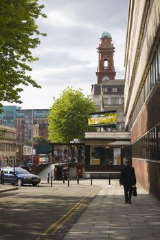 View of the BBC entrance and the Palace hotel tower on Oxford Road in manchester