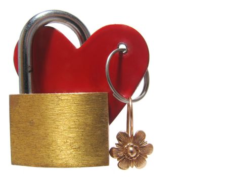 Valentine, a composition from heart, the padlock, and earring. It is isolated on a white background