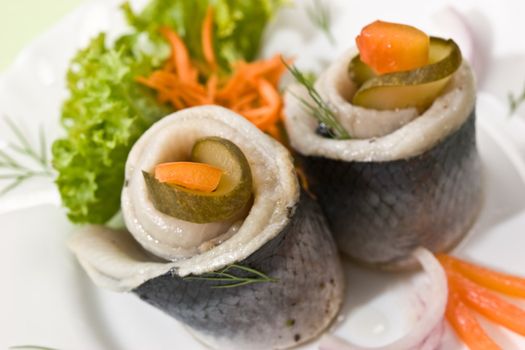 Macro picture of fillet herring with vegetables