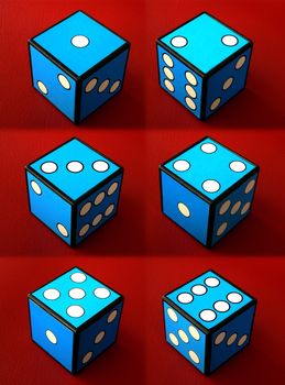 Six dices on red background