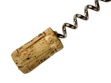 Cork and corkscrew on white background