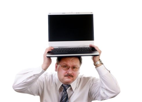 Businessman with laptop on his head isolated on white