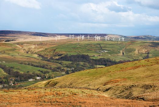 Renewable energy wind farm in the Pennines, Lancashire, England