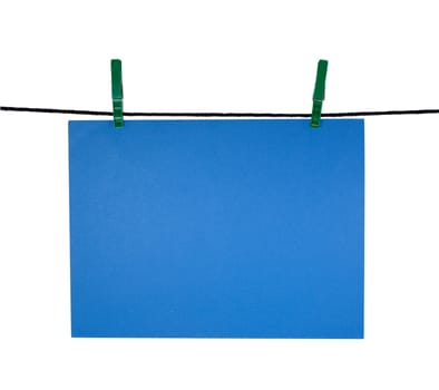 blue blank sheet on clothes-line for your notice, isolated on white