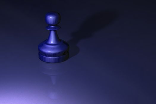 A metalic chess piece (pawn) on a shiny table top.