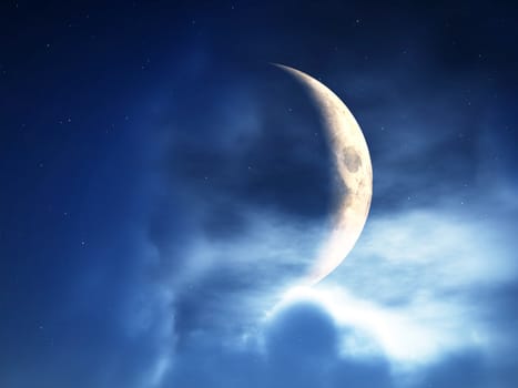 A crescent moon in a cloudy night time sky.