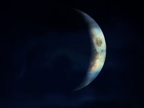 A crescent moon in a cloudy night time sky.