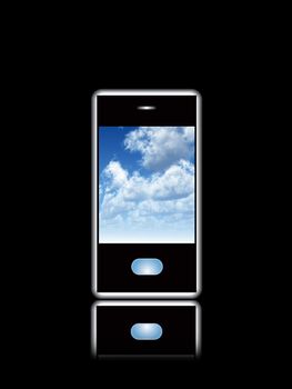 A mobile phone with a cloud screensaver.