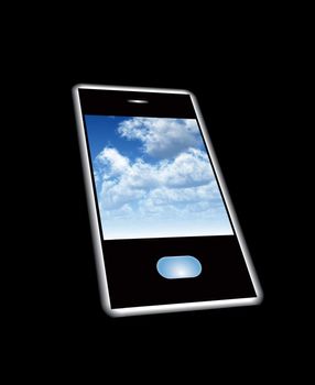 A mobile phone with a cloud screensaver.