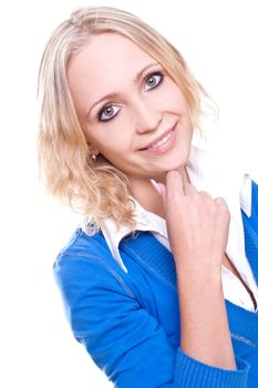 business woman in a blue jacket on a white background
