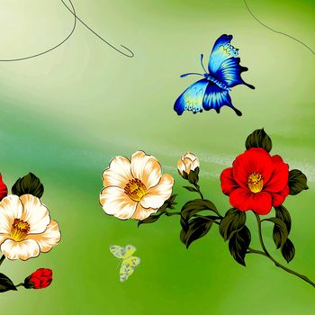 green background in the roses and butterflies