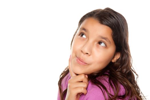 Pretty Hispanic Girl Thinking Isolated on a White Background.