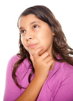 Pretty Hispanic Girl Thinking Isolated on a White Background.