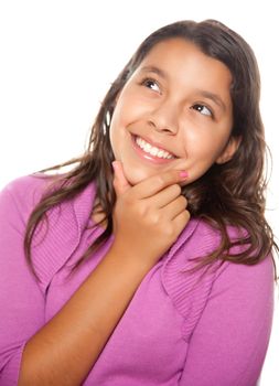 Pretty Hispanic Girl Thinking Isolated on a White Background.