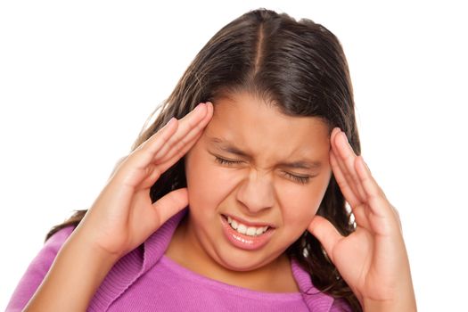 Pretty Hispanic Girl with Headache Isolated on a White Background.