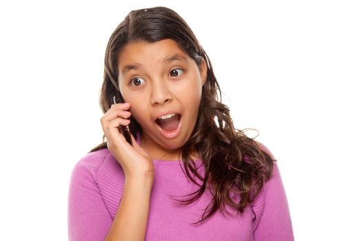 Shocked Pretty Hispanic Girl On Cell Phone Isolated on a White Background.