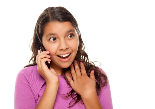 Shocked Pretty Hispanic Girl On Cell Phone Isolated on a White Background.