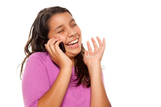 Happy Pretty Hispanic Girl On Cell Phone Isolated on a White Background.