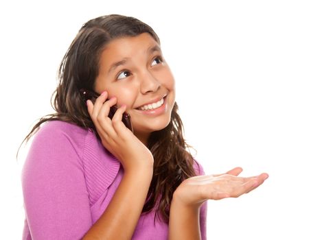 Happy Pretty Hispanic Girl On Cell Phone Isolated on a White Background.