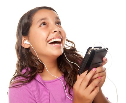 Pretty Hispanic Girl Listening and Dancing to Music Isolated on a White Background.