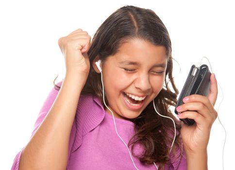 Pretty Hispanic Girl Listening and Dancing to Music Isolated on a White Background.