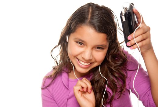 Pretty Hispanic Girl Listening and Dancing to Music Isolated on a White Background.