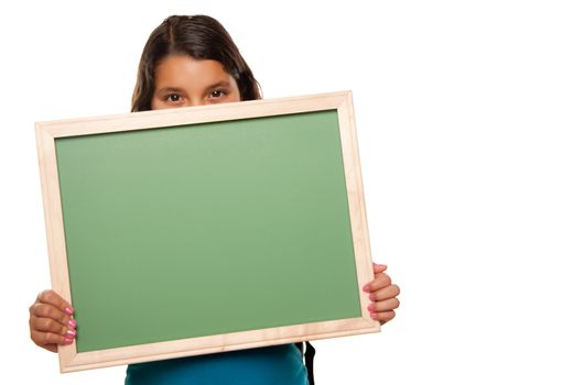 Pretty Hispanic Girl Holding Blank Chalkboard Isolated on a White Background.