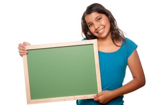 Pretty Hispanic Girl Holding Blank Chalkboard Isolated on a White Background.