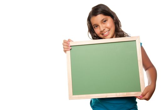 Pretty Hispanic Girl Holding Blank Chalkboard Isolated on a White Background.