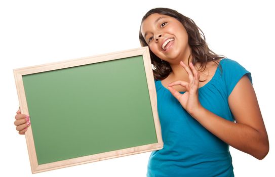 Pretty Hispanic Girl Holding Blank Chalkboard Isolated on a White Background.