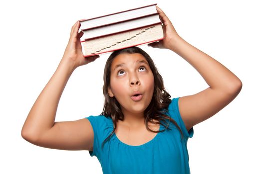 Pretty Hispanic Girl with Books on Her Head Ready for School Isolated on a White Background.