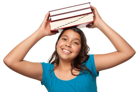 Pretty Hispanic Girl with Books on Her Head Ready for School Isolated on a White Background.