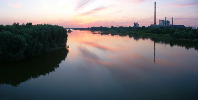 Panorama with River and Power Plant.