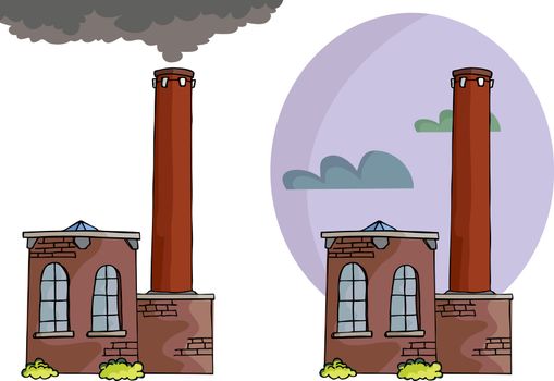 Cartoon of a small power plant or factory with smoke, tall smokestack and sky background variation.