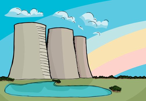 Three nuclear power plant cooling towers with rainbow and reflecting lake.