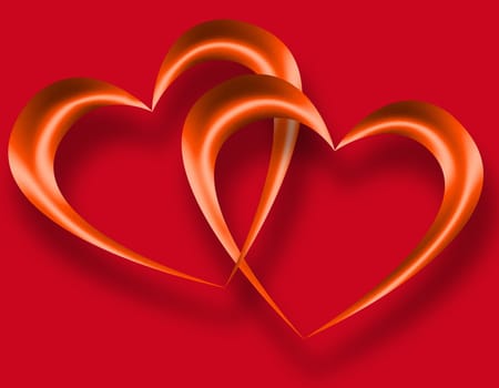illustration or postcard with two hearts intertwined on red background
