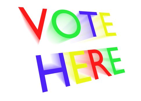 Vote here colourful text isolated on a white background