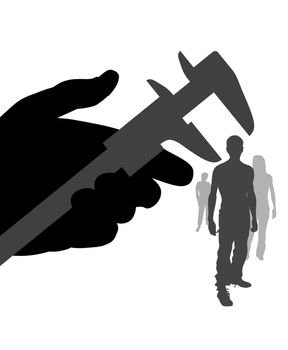 Illustration of a hand holding a measuring tool over a person head
