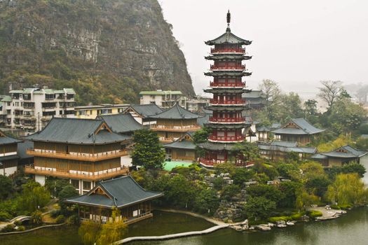 Traditional chinese arhitecture  on display in guilin city park