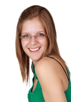 cute young caucasian woman with glasses, white background