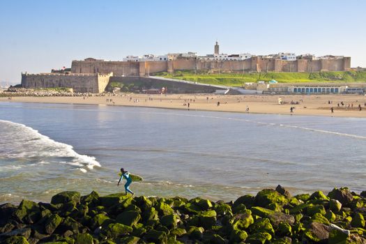 The city of Rabat, capital of Morocco, viewed from the seaside.