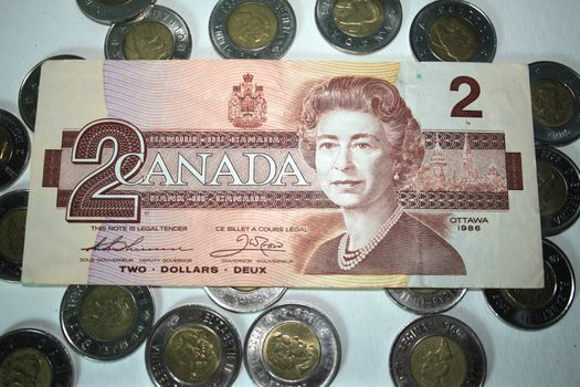 Canadian two dollar bill on twonies