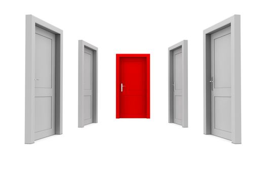 abstract hallway with four gray doors - one red door at the end of the corridor