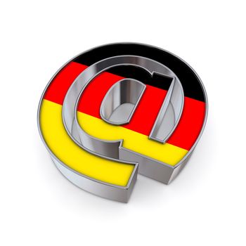 silver shiny chrome @-symbol on white background with Germany flag texture