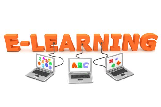 three laptops with different letters, numbers and symbols on the screen are connected to the orange 3D letters E-LEARNING