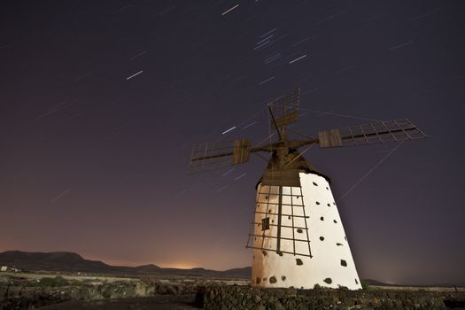 Night shot of a traditional windmill at the Fuertaventura, Canary Islands